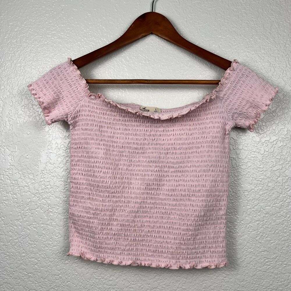 Hollister Co. Womens Pink Off The Shoulder Scrunch Short Sleeve Top L